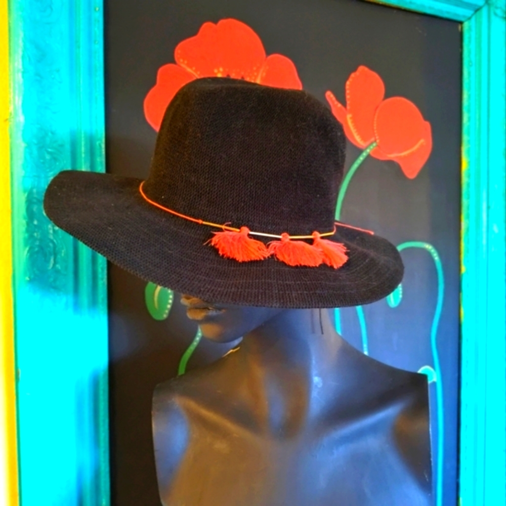 Black Weaved Fedora With Red Tassles